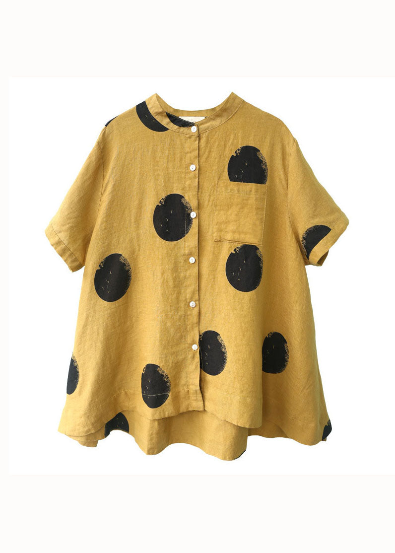 Dark Green Dot Print Patchwork Linen Top Button Stand Collar Summer