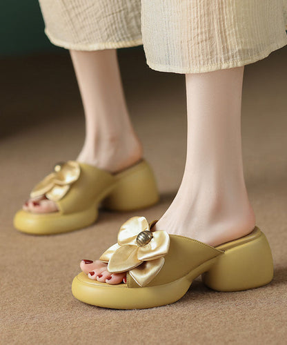 Yellow Faux Leather Bow Splicing Chunky Slide Sandals