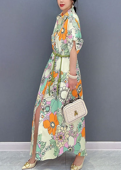 Yellow Patchwork Long Cotton Dresses Peter Pan Collar Summer