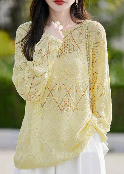 Yellow Hollow Out Knit Sweater O Neck Long Sleeve