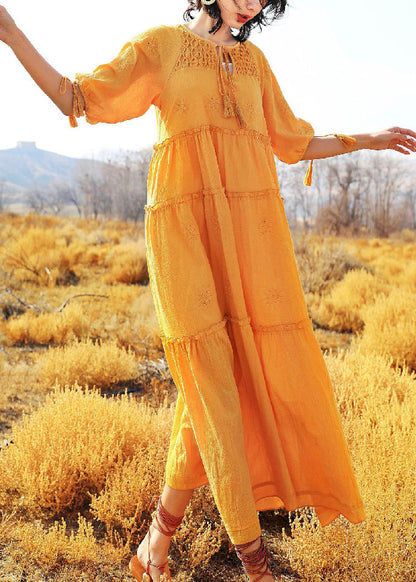 Yellow Lace Up Cotton Summer Long Dress Ruffled