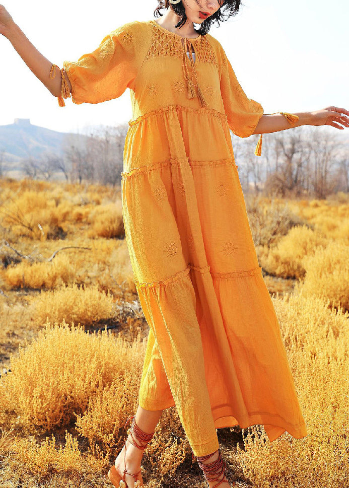 Yellow Lace Up Cotton Summer Long Dress Ruffled