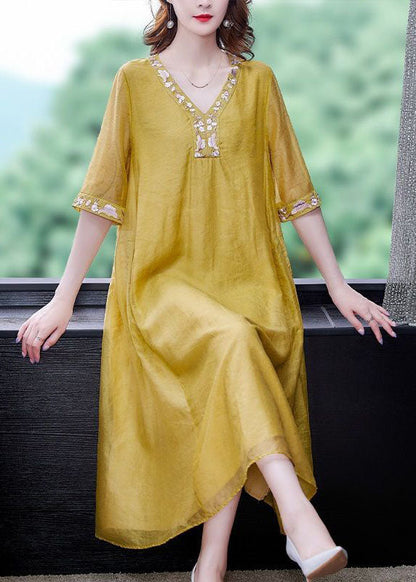 Yellow Linen a Line Dress Embroideried Exra Large Hem Summer