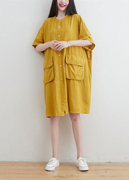 Yellow Linen Maxi Dresses O-neck Oversized Short Sleeve