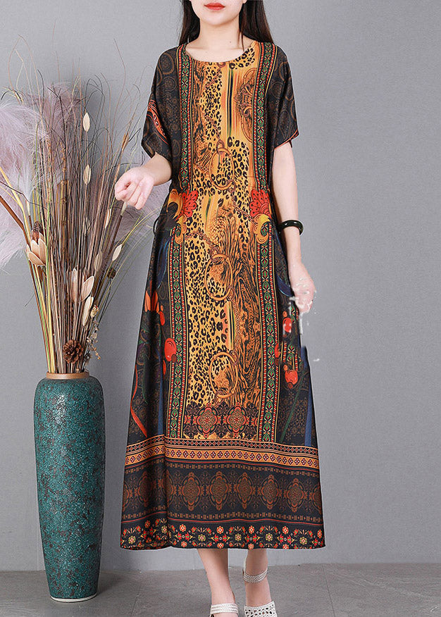 Yellow O-neck Print Elastic Waist Silk Dresses Short Sleeve