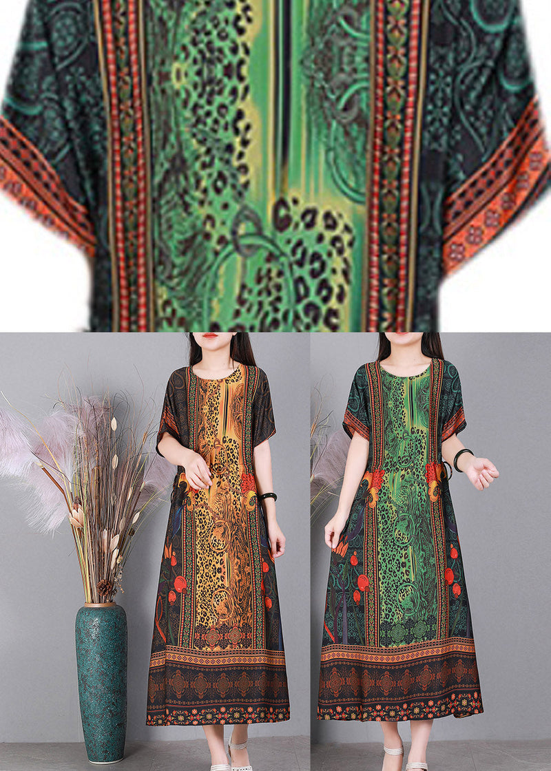 Yellow O-neck Print Elastic Waist Silk Dresses Short Sleeve