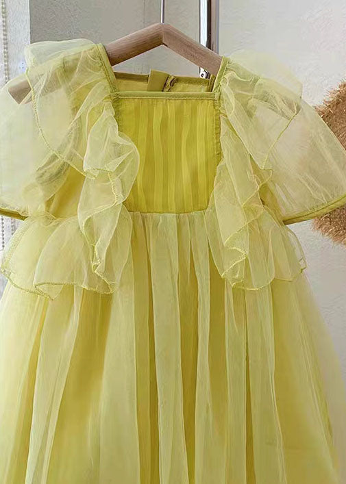 Yellow Patchwork Tulle Baby Princess Dresses Wrinkled Summer