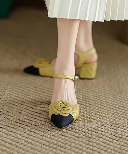 Yellow Pointed Toe Chunky Heel Faux Leather Sandals