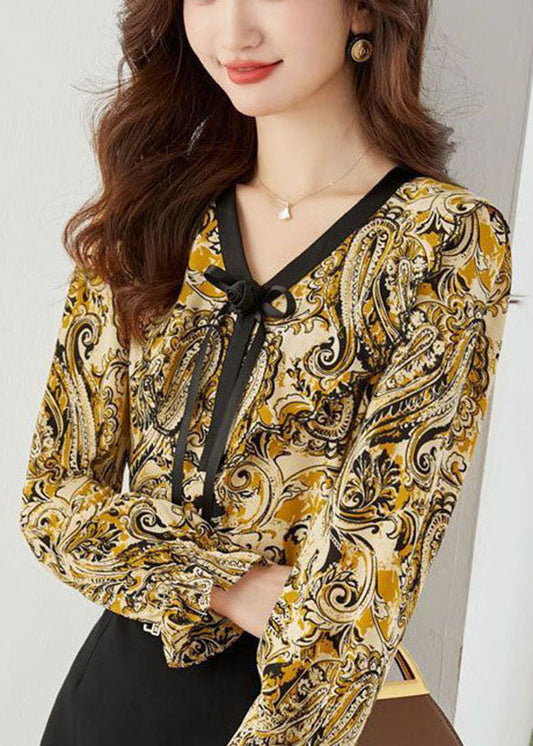 Yellow Print Chiffon Blouse Tops V Neck Lantern Sleeve
