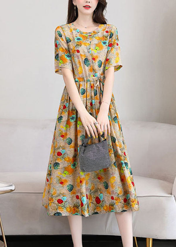 Yellow Print Linen Dresses O-neck Cinched Drawstring Short Sleeve