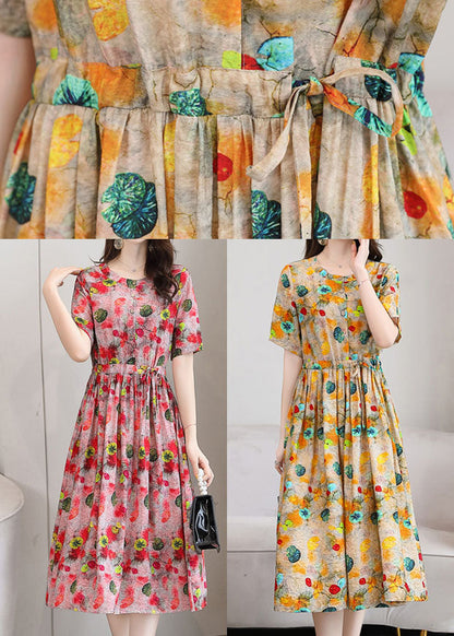 Yellow Print Linen Dresses O-neck Cinched Drawstring Short Sleeve