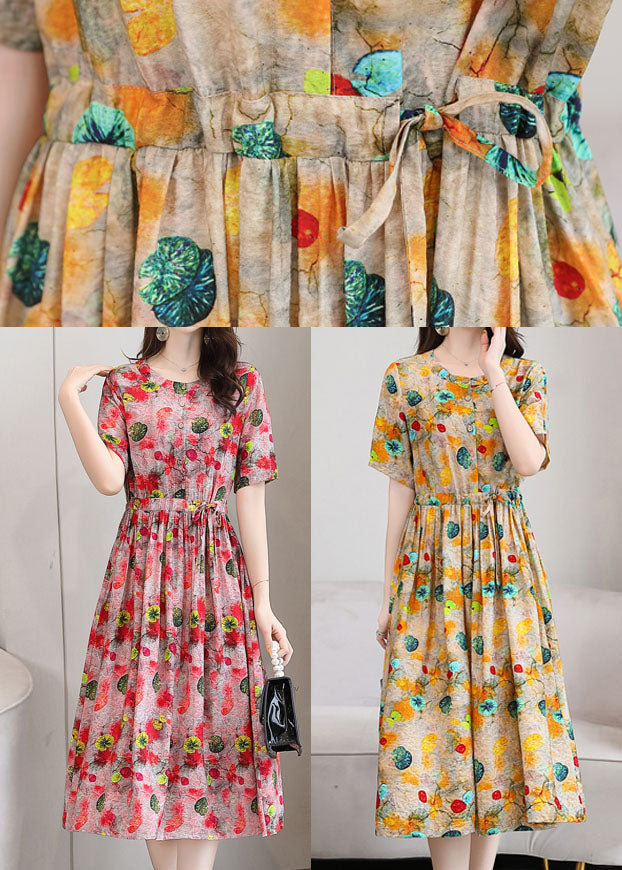 Yellow Print Linen Dresses O-neck Cinched Drawstring Short Sleeve