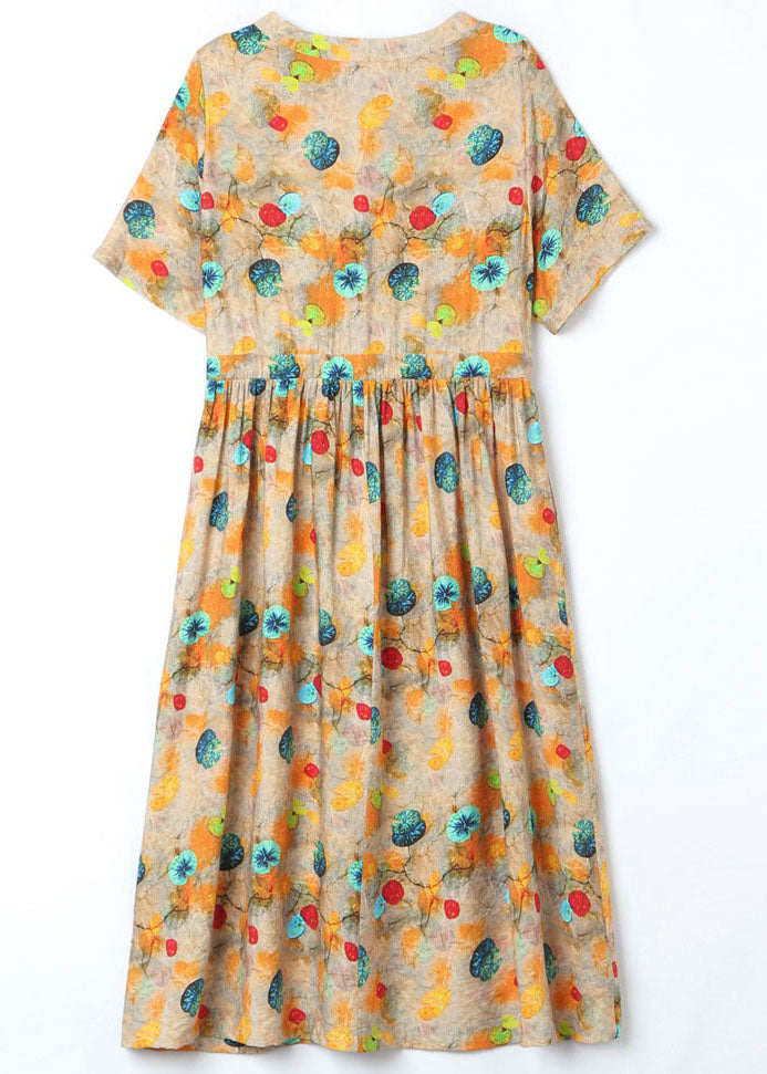 Yellow Print Linen Dresses O-neck Cinched Drawstring Short Sleeve