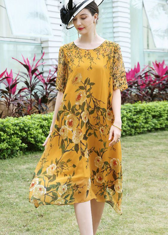 Yellow Print Silk Beach Dress O-neck Oversized Summer