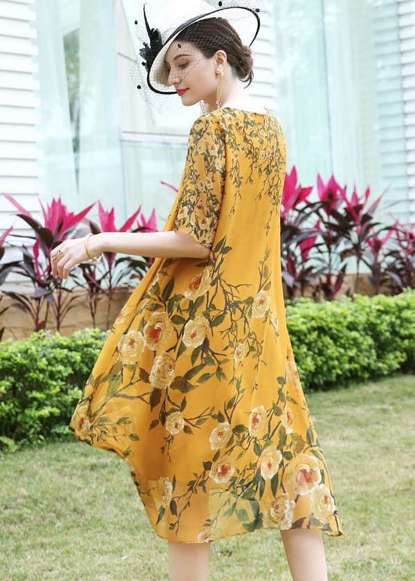 Yellow Print Silk Beach Dress O-neck Oversized Summer