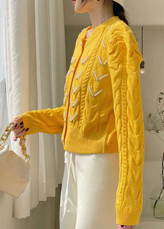 Yellow Puff Sleeve Nail Bead Knit Loose Sweaters Spring Coat