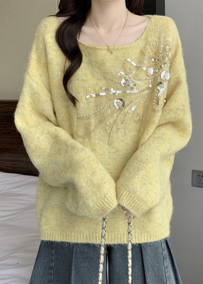 Yellow Sequins Knit Winter Sweater Tops O Neck