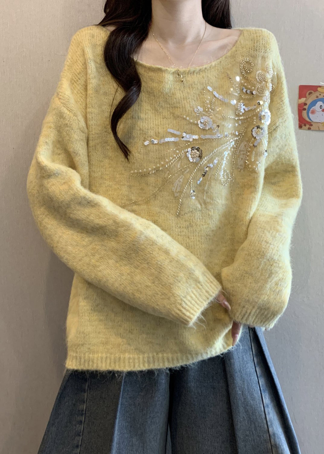 Yellow Sequins Knit Winter Sweater Tops O Neck