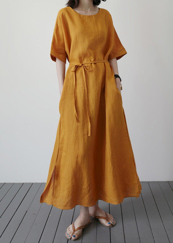 Yellow Side Open Holiday Maxi Dress Short Sleeve