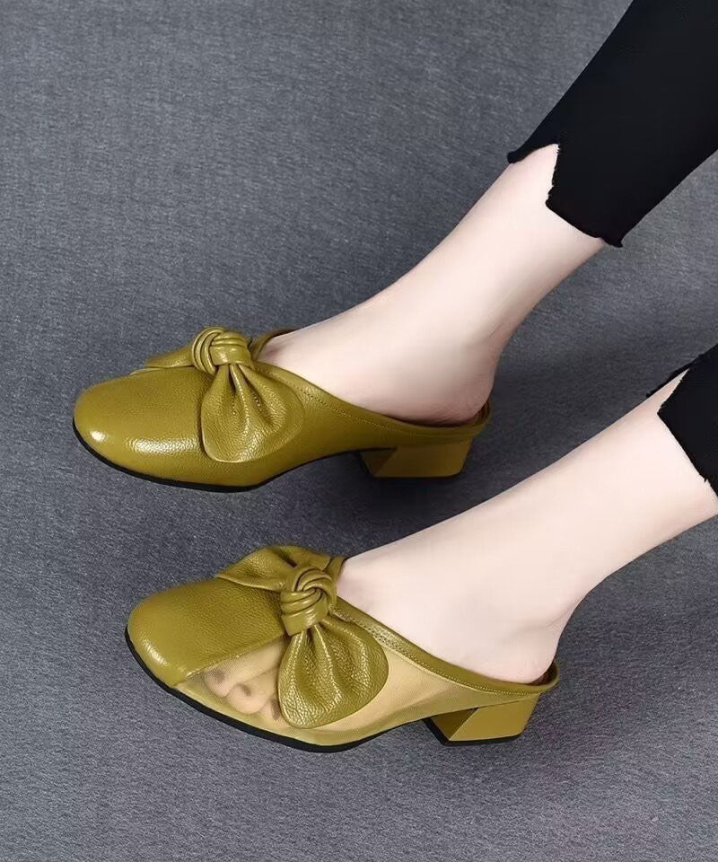 Yellow Slide Sandals Chunky Faux Leather Tulle Splicing Bow