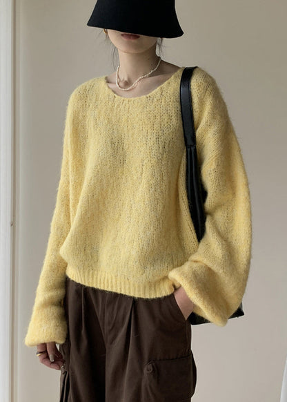Yellow Cotton Knit Pullover Sweater V Neck Spring