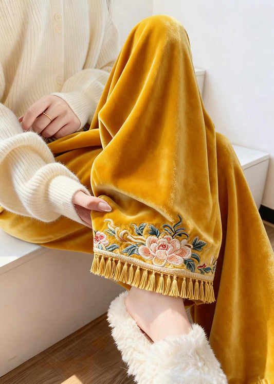 Yellow Tasseled Elastic Waist Silk Velvet Pants Embroidered