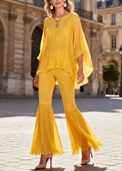 Yellow Wrinkled Two Pieces Set O Neck Bracelet Sleeve