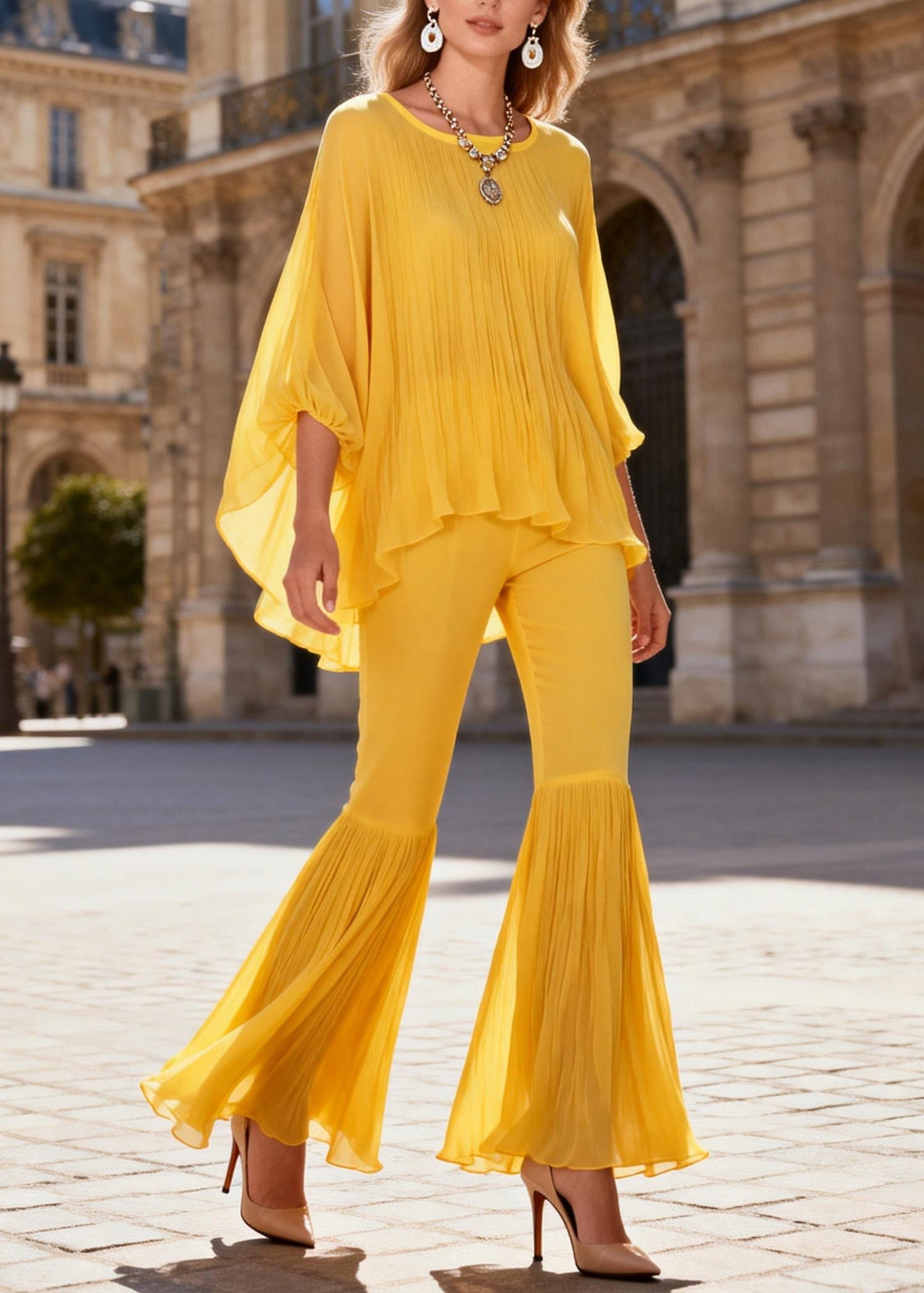 Yellow Wrinkled Two Pieces Set O Neck Bracelet Sleeve