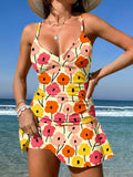 V-Neck Vintage Flowers Print Suspender Skirt Tankini Pantskirt Set Swimsuit