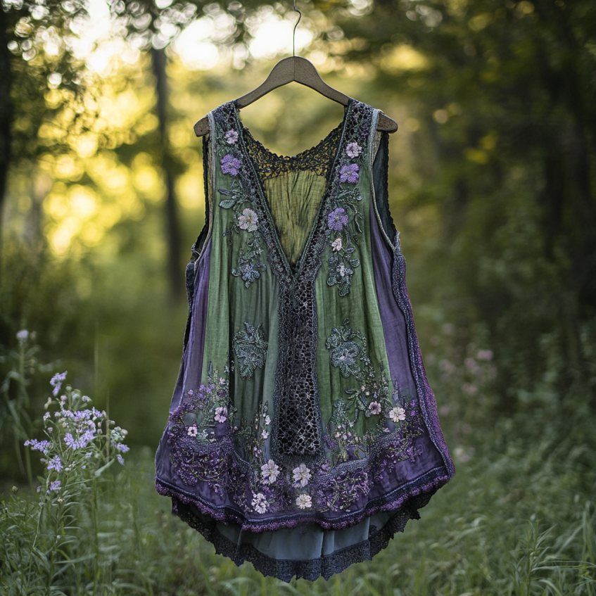 Boho Lavender Lace Art Linen Lace Patchwork Art  Sleeveless Tank Top artswardrobe