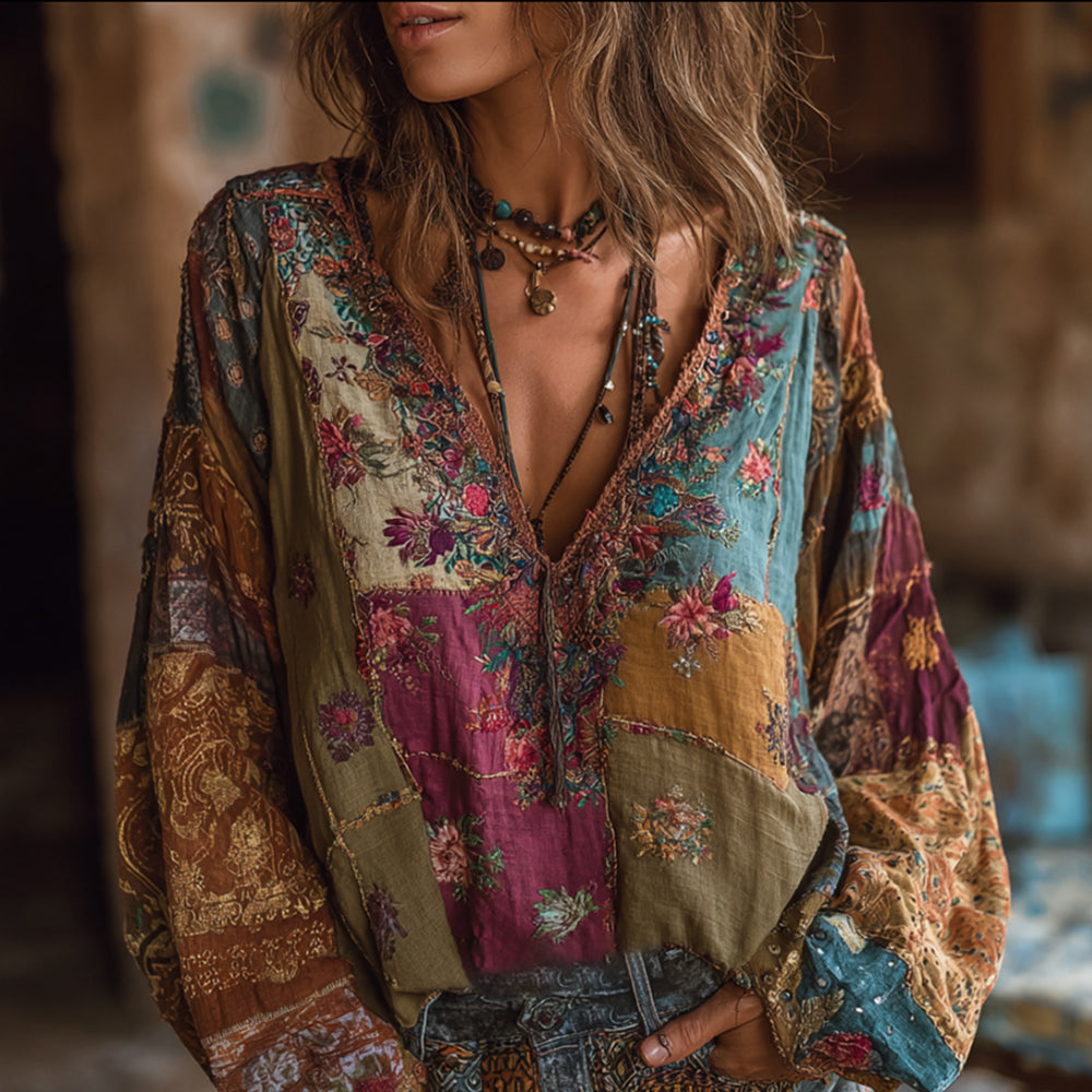 Comstylish Bohemian Style Embroidered Flower Vacation Long-sleeved V-neck Worn-out Long-sleeved Top