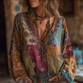 Bohemian Style Embroidered Flower Vacation Long-sleeved V-neck Worn-out Long-sleeved Top artswardrobe