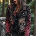 Comstylish A Retro Women's Black-pink Gradient Denim Jacket With Gothic Skull And Floral Elements Design For Halloween.