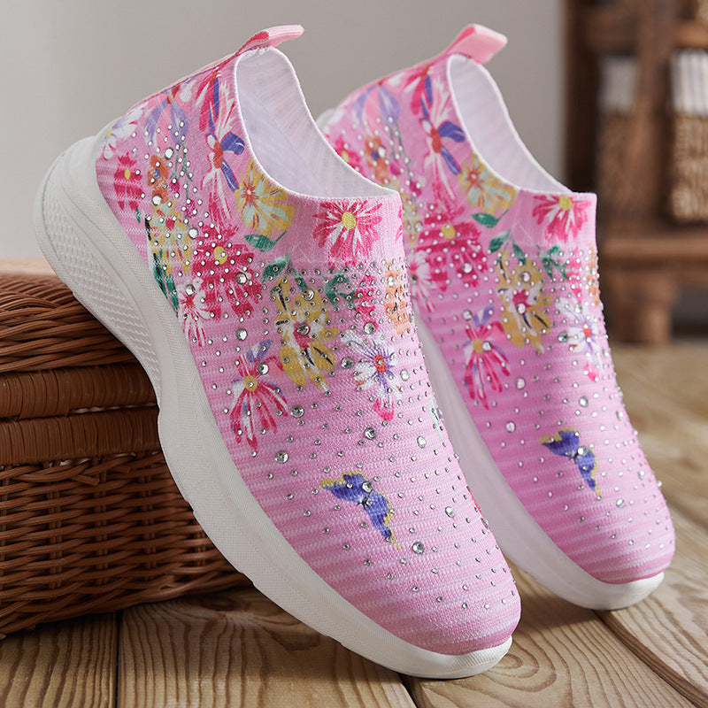 Comstylish Vintage Japanese Floral Rhinestone Casual Sneakers