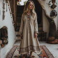Vintage Traditional Embroidery Art Linen Maxi Long Dress artswardrobe