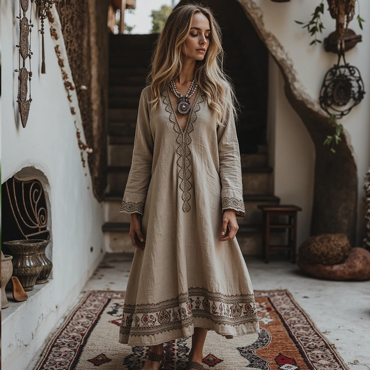 Vintage Traditional Embroidery Art Linen Maxi Long Dress artswardrobe