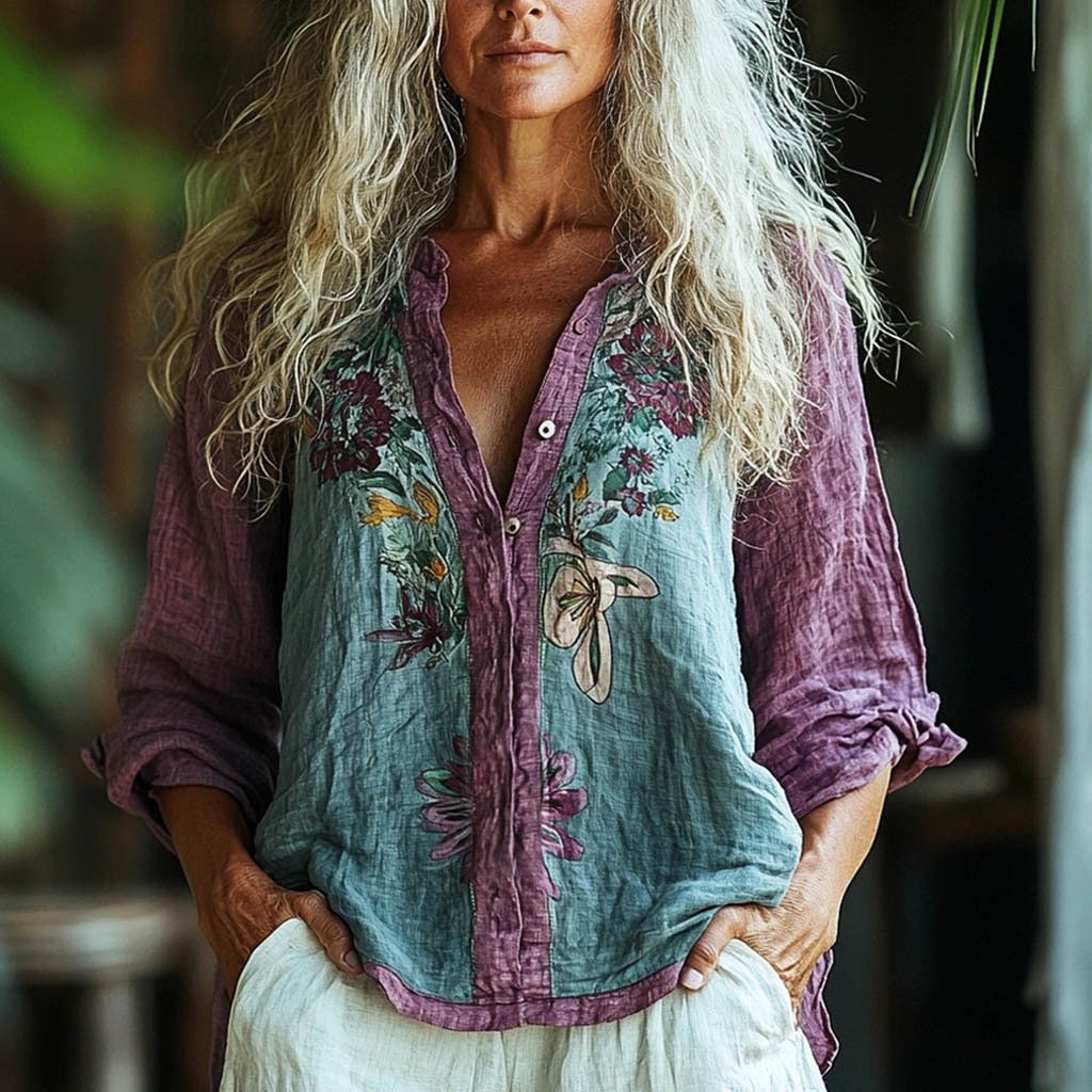 Bohemian Style Linen Floral Art Print  Long Sleeve Shirt artswardrobe
