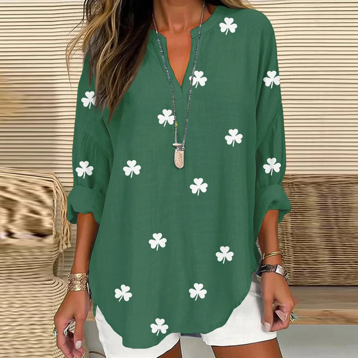 Comstylish St. Patrick's Shamrock Print V-neck Linen Blend Blouse
