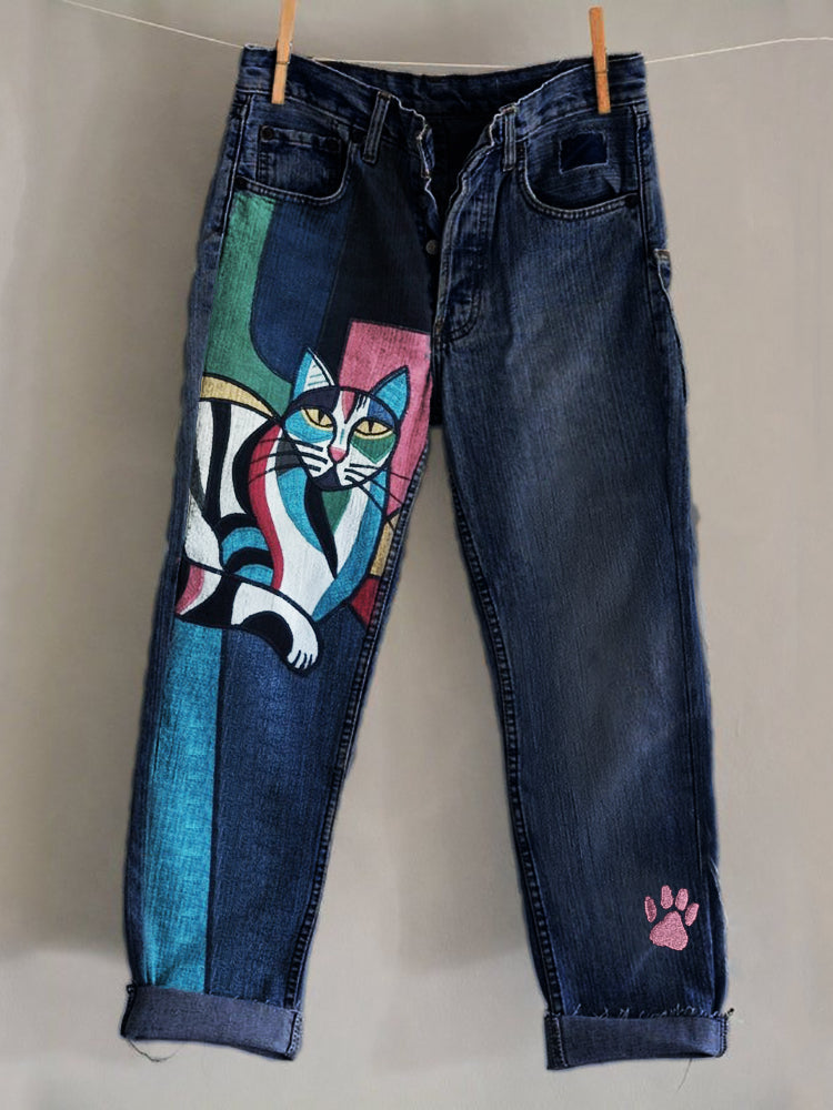 Comstylish Cat Colorblock Art Paw Print Embroidered Washed Jeans