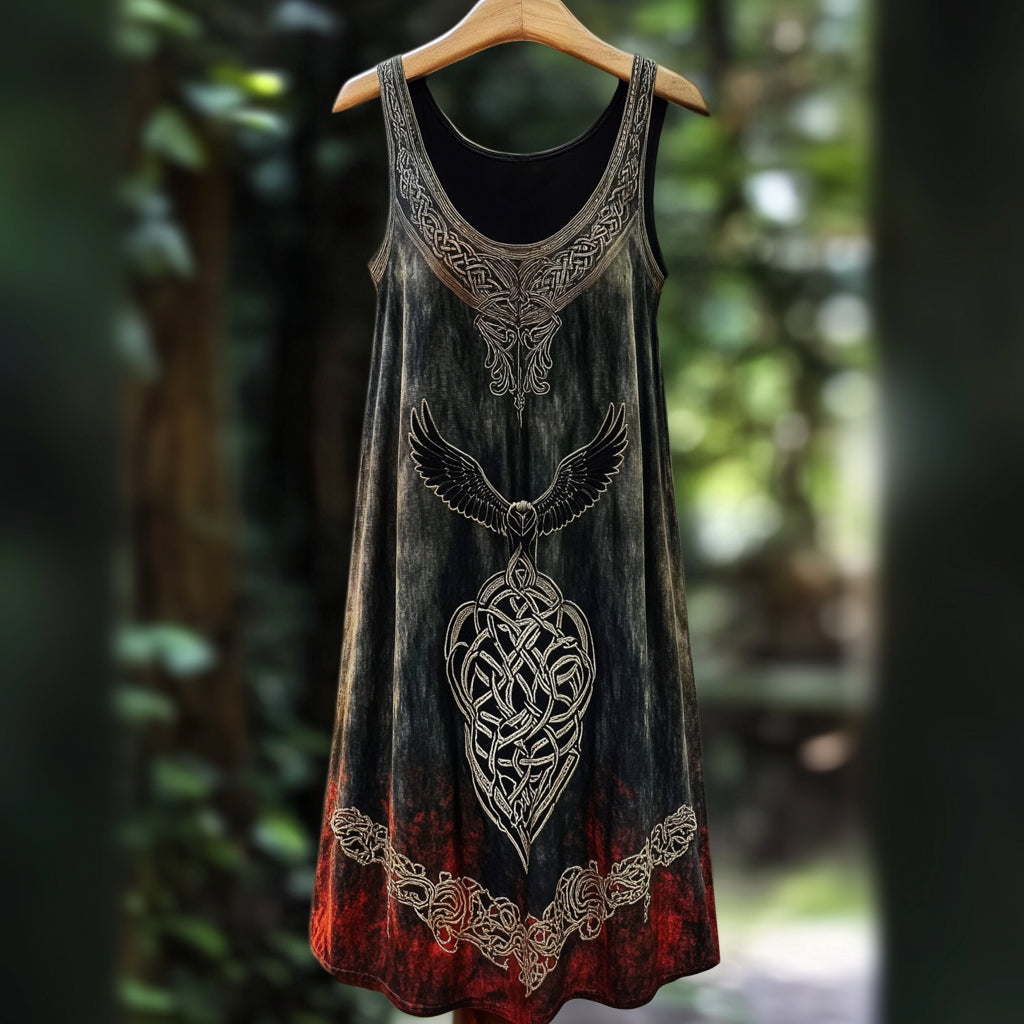 Vintage Mystical Viking Raven Embroidered Linen Tank Dress artswardrobe