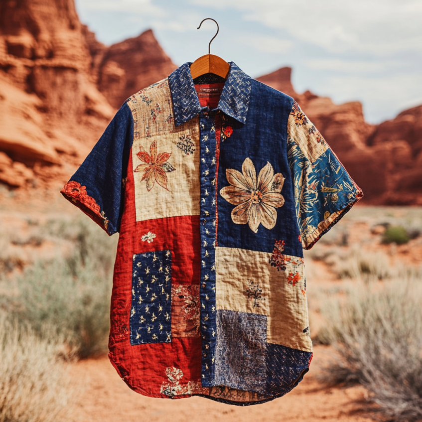 Men's Independence Day America Blue Red With Floral Pattern Art Casual Short Sleeve Shirts artswardrobe