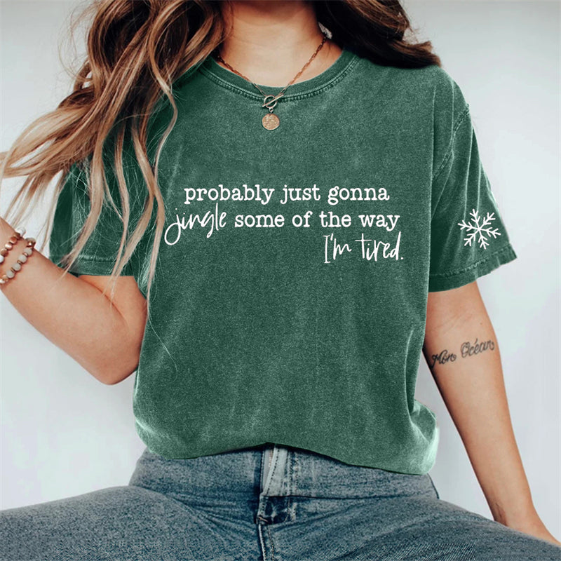 Comstylish Funny Christmas I'm Tired Slogan Snowflake Washed T Shirt