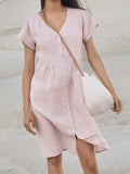 Women's Cotton Linen V Neck Casual Dress