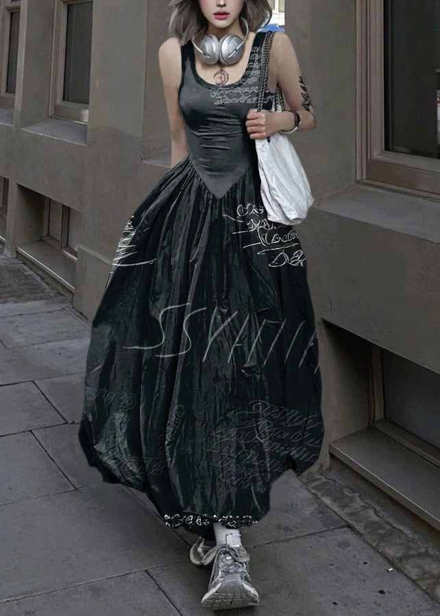 New Green Texture Backless Patchwork Cotton Long Dresses Sleeveless