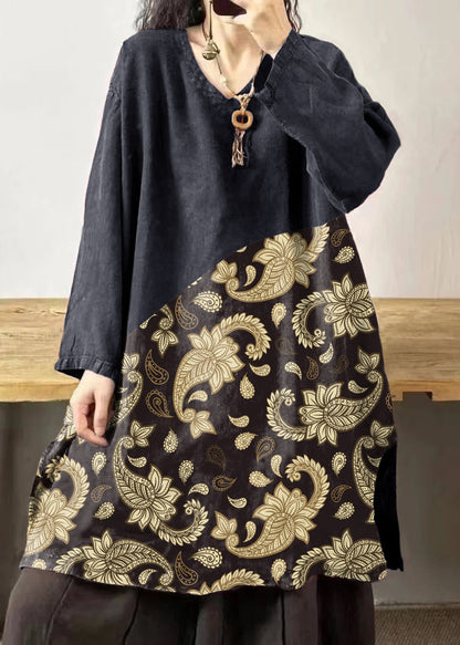 Yellow Text V Neck Embroidered Patchwork Linen Mid Dresses Fall