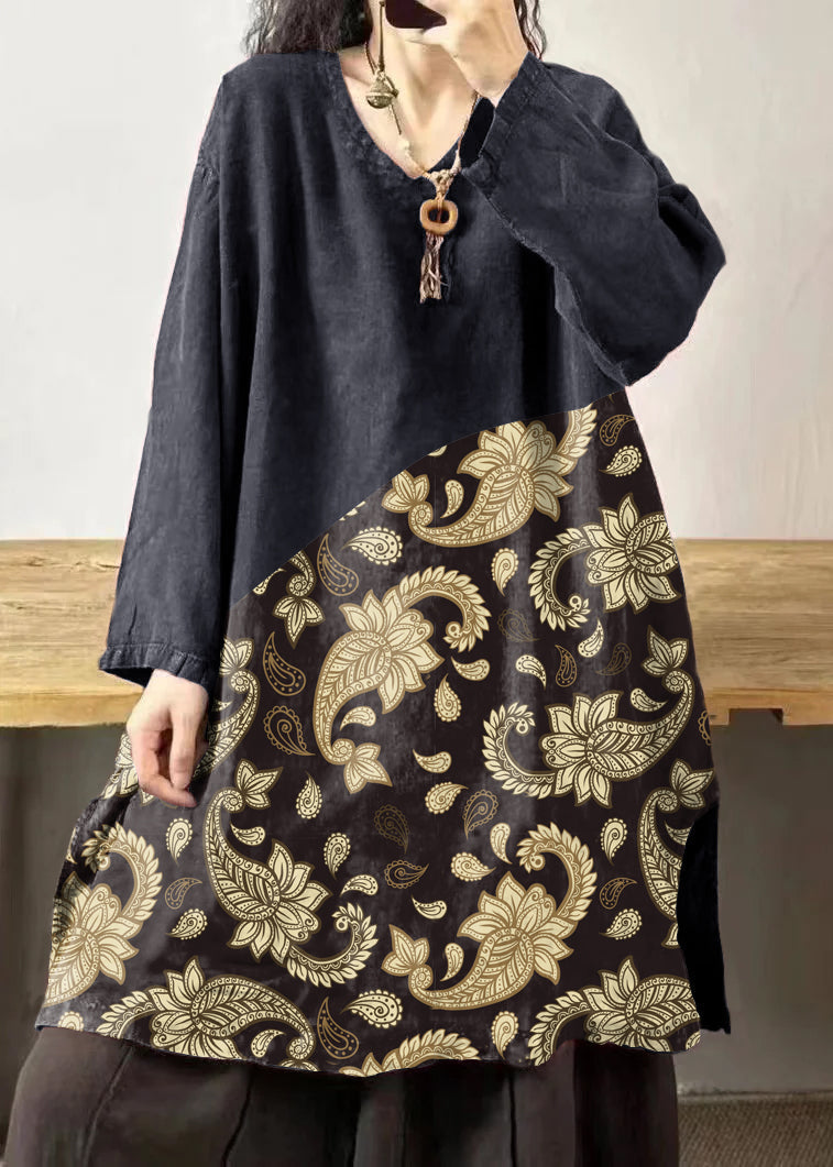Yellow Flower V Neck Embroidered Patchwork Linen Mid Dresses Fall