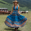 Women's Vintage Western Print V-neck Sleeveless Maxi Dress artswardrobe
