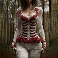 Comstylish Women's Vintage Halloween Skeleton & Rose Art T-shirt
