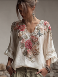 Comstylish Bohemian Style V-neck Butterfly And Flower Embroidery Cotton And Linen Top
