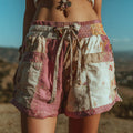 Women's Patchwork Floral Contrast Waist Drawstring Pocket Shorts artswardrobe